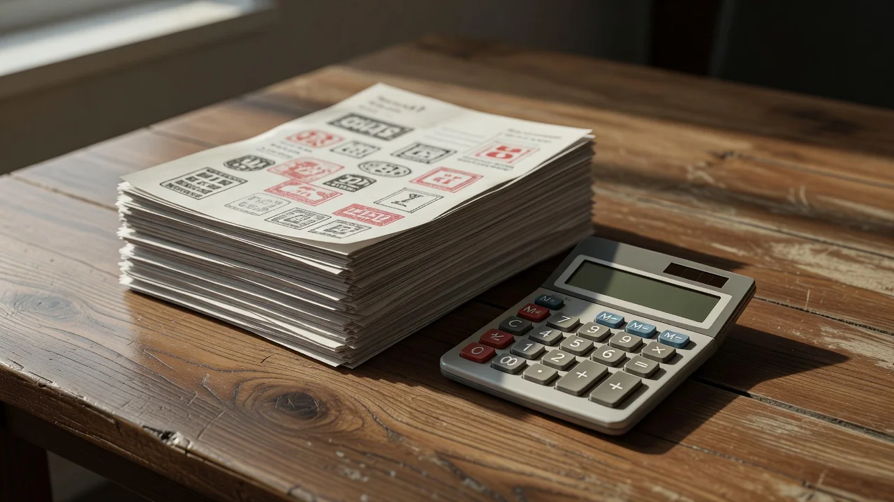 Stack of stamped bank documents and a calculator on an office table