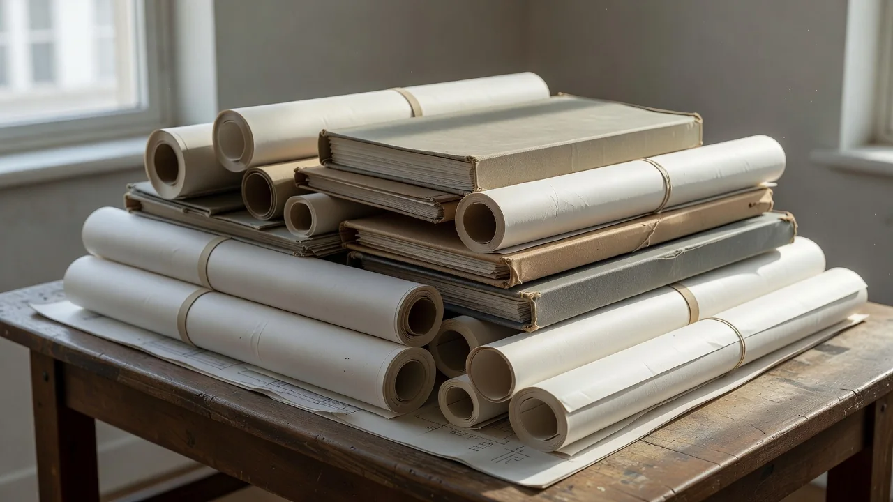 Stack of rolled engineering drawings and folders on a drafting table