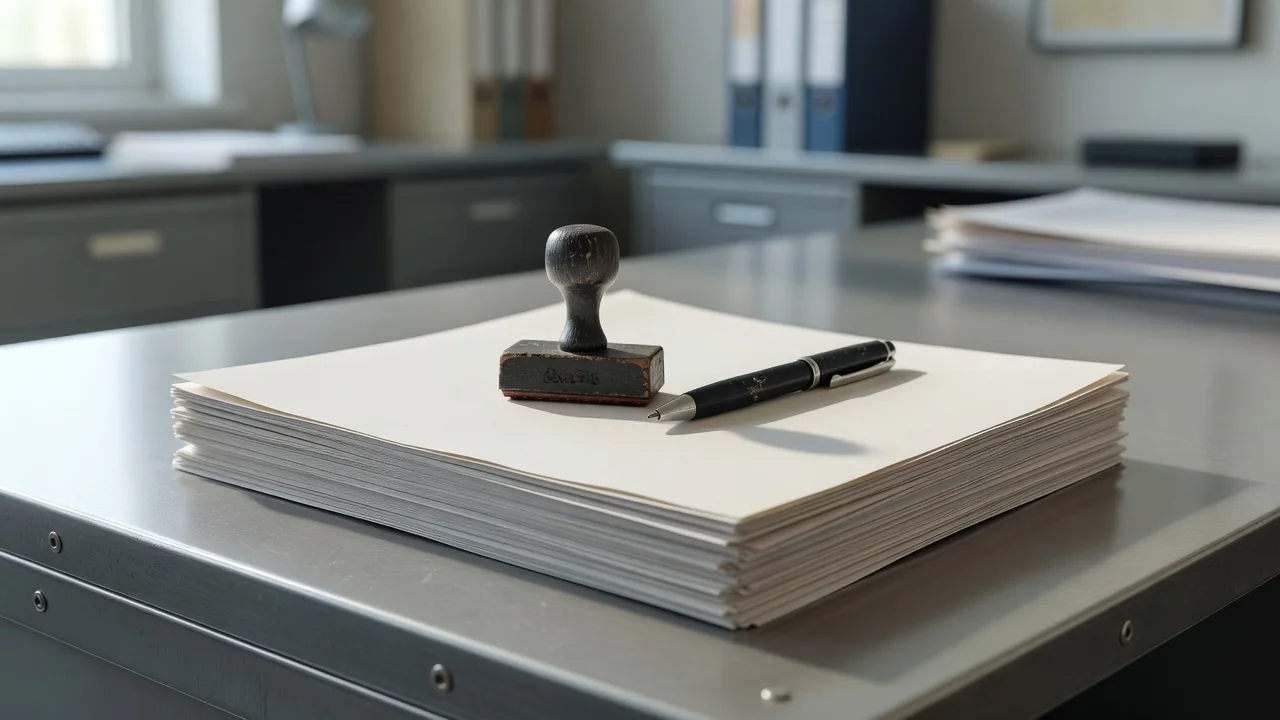 Laptop and paper documents with a rubber stamp on an office desk