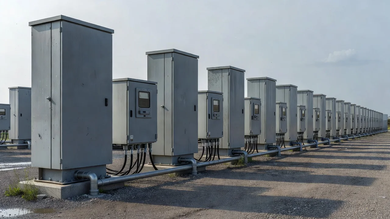 Row of electrical feeder pillars and metering cabinets in a substation yard