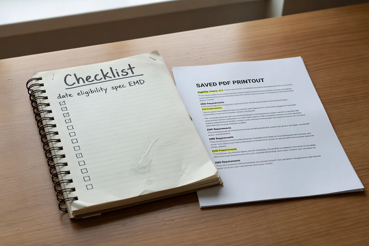 Checklist: date, eligibility, spec, EMD, saved PDF