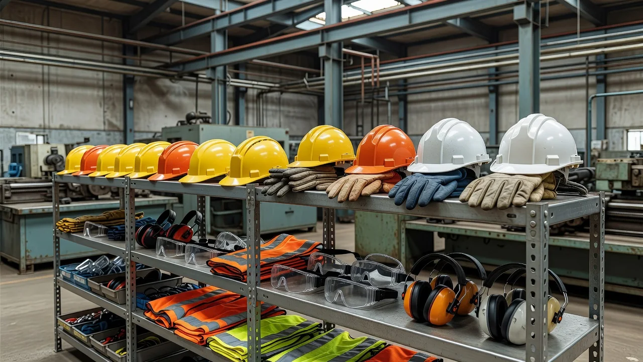 Safety helmets and protective equipment arranged on a shelf in a plant