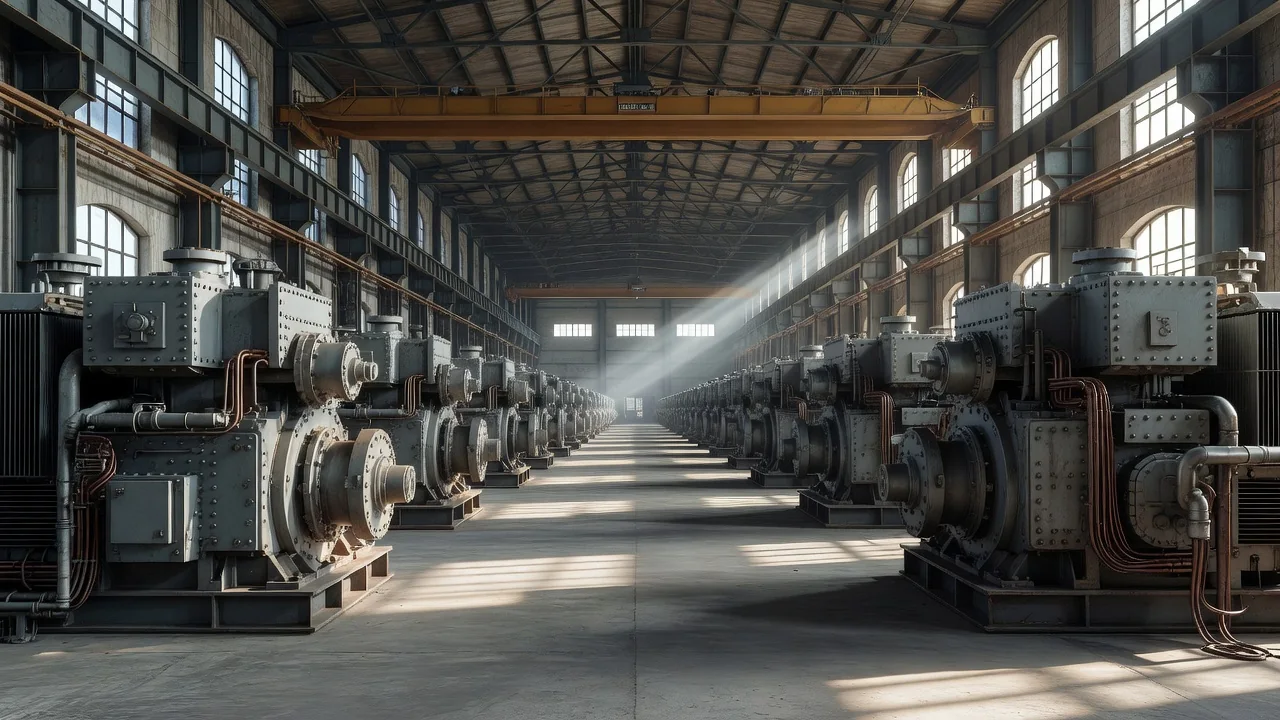 Rows of large industrial machines inside a heavy electrical assembly hall