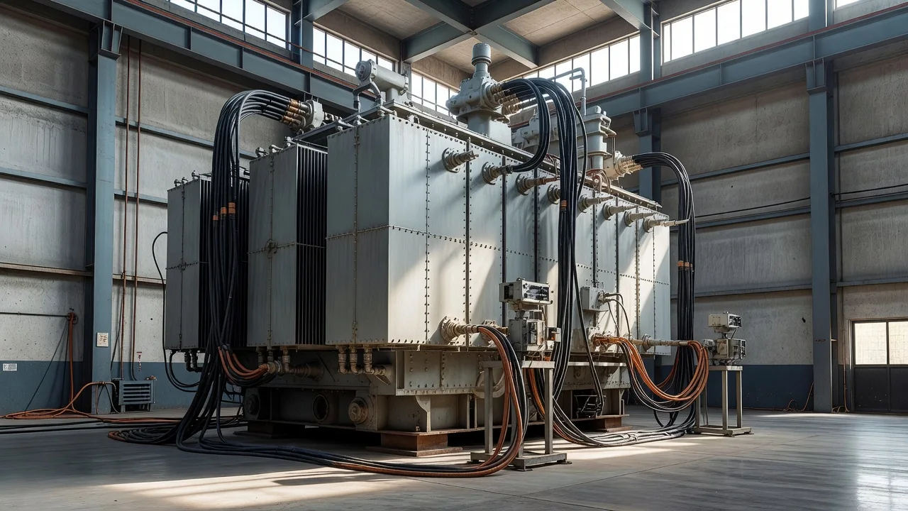 High-voltage test bay with a large transformer connected to measurement equipment