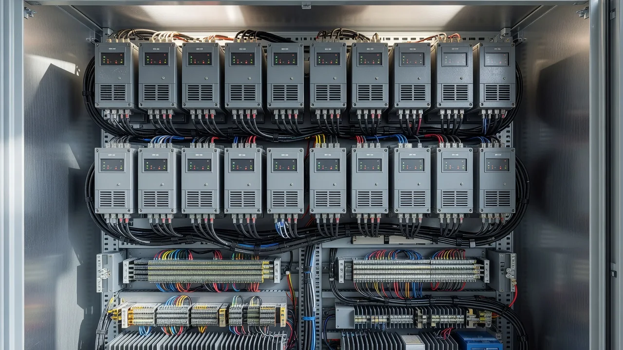 Industrial control cabinet with rows of drive modules and terminal blocks