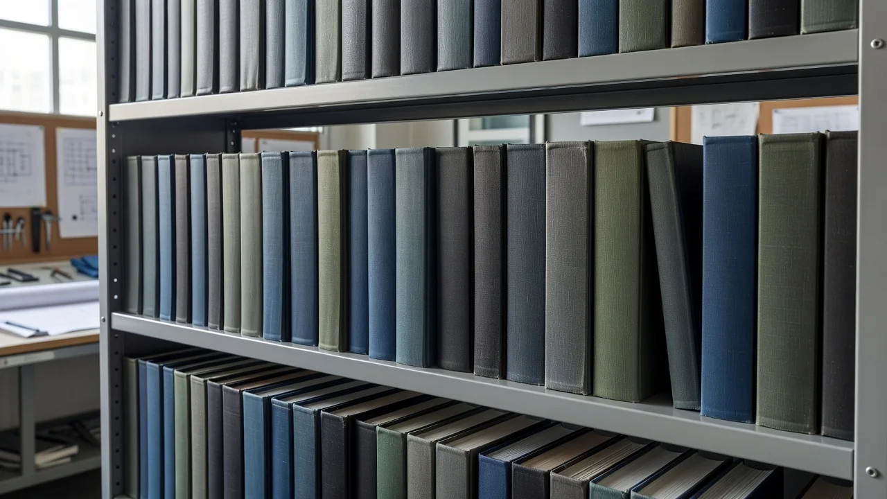 Shelf of bound technical manuals and logbooks in an engineering office
