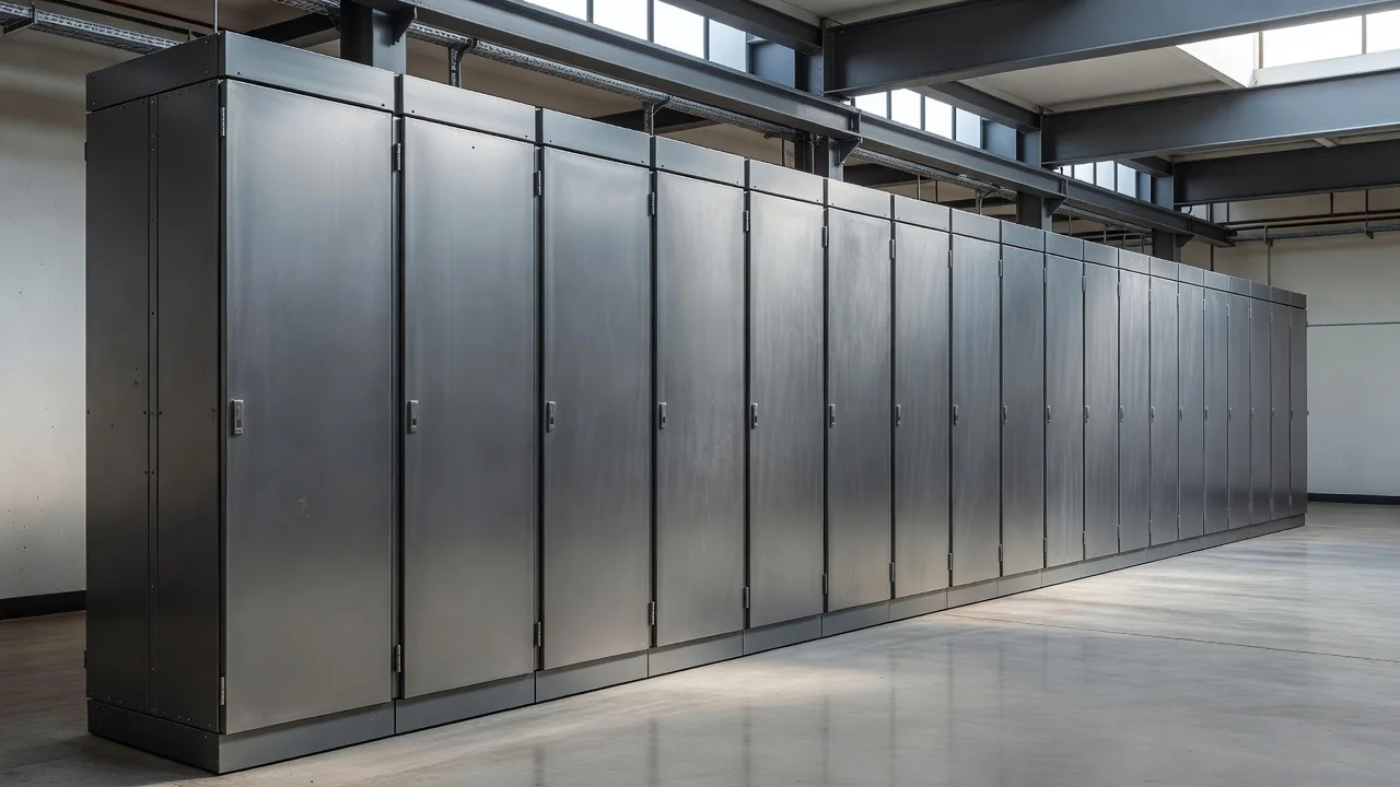 Medium-voltage switchgear lineup with circuit breaker panels in an electrical room