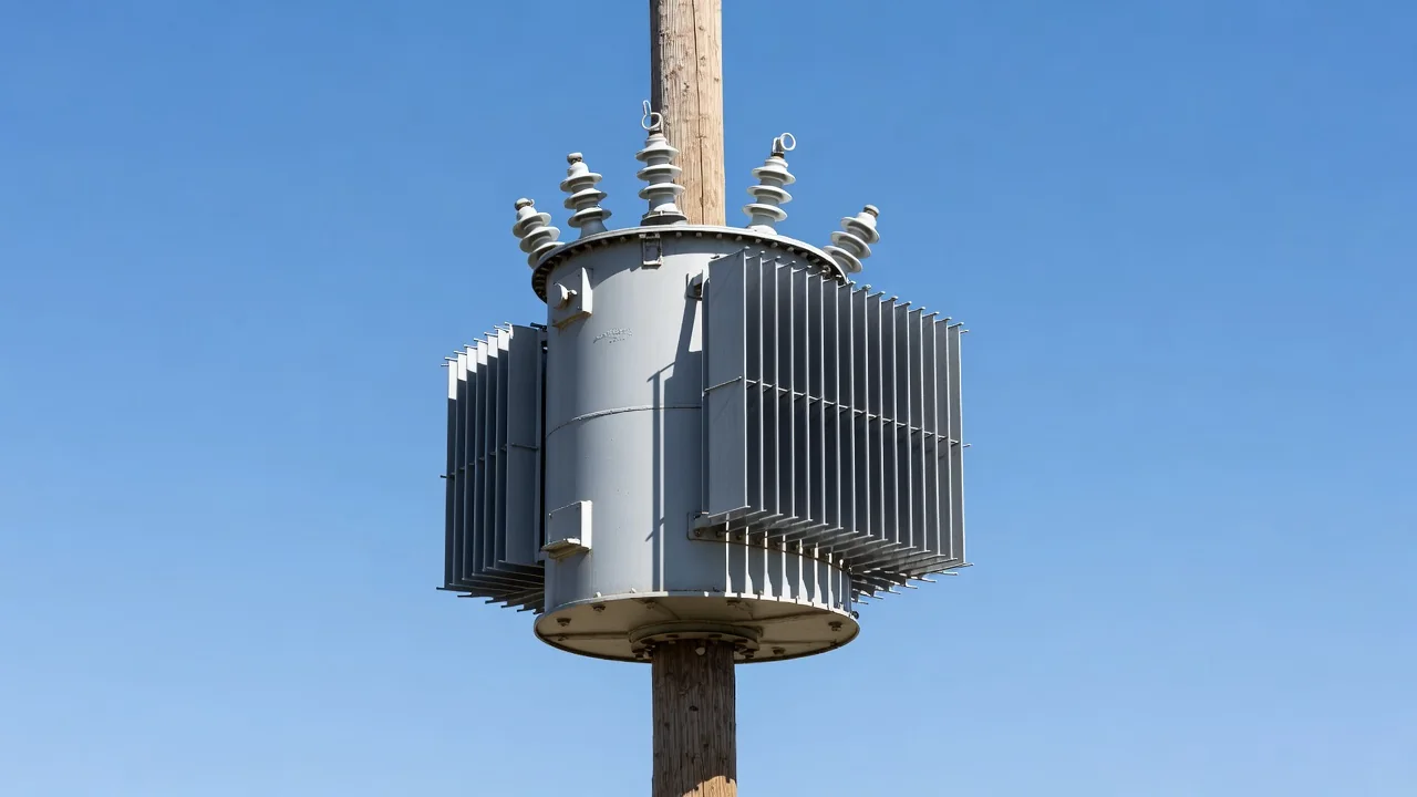 Pole-mounted distribution transformer with bushings and cooling fins
