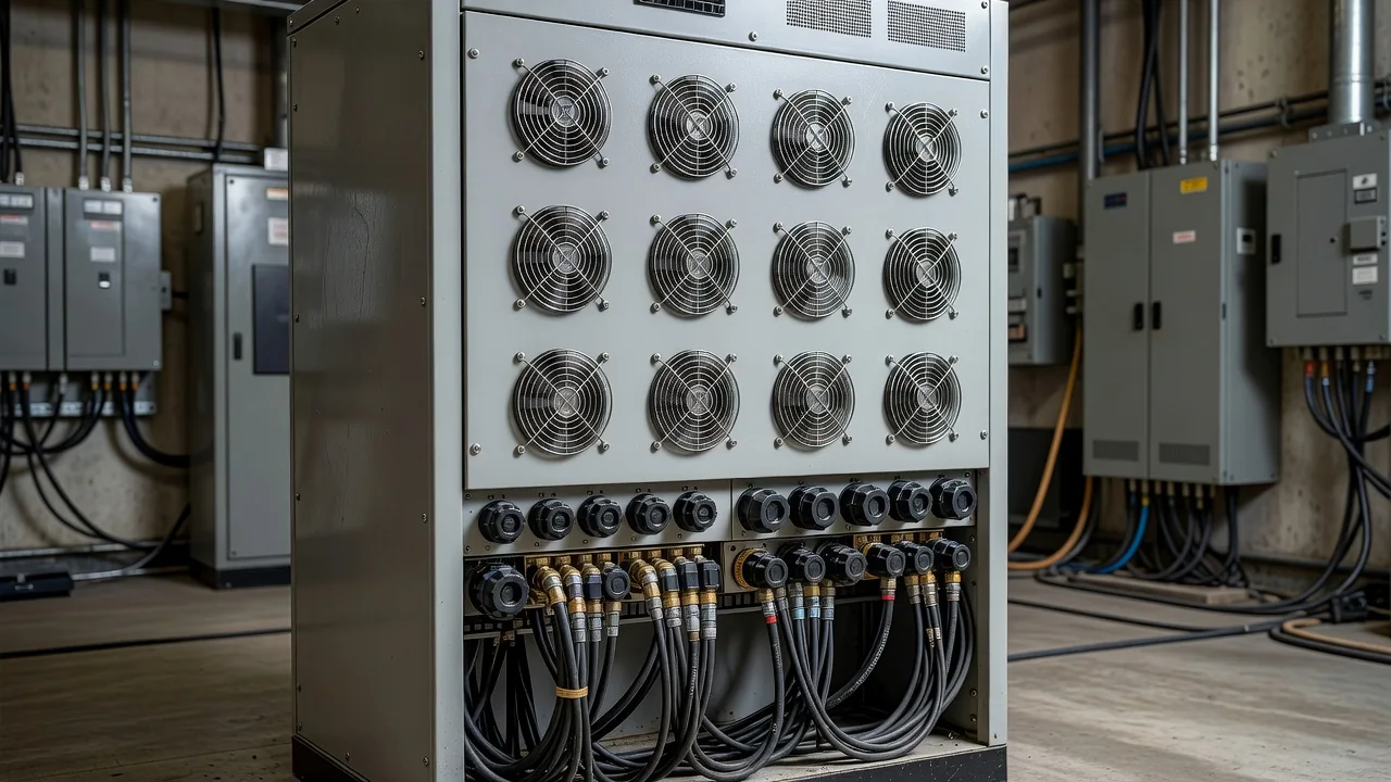Variable frequency drive cabinet with cooling fans and cable entries