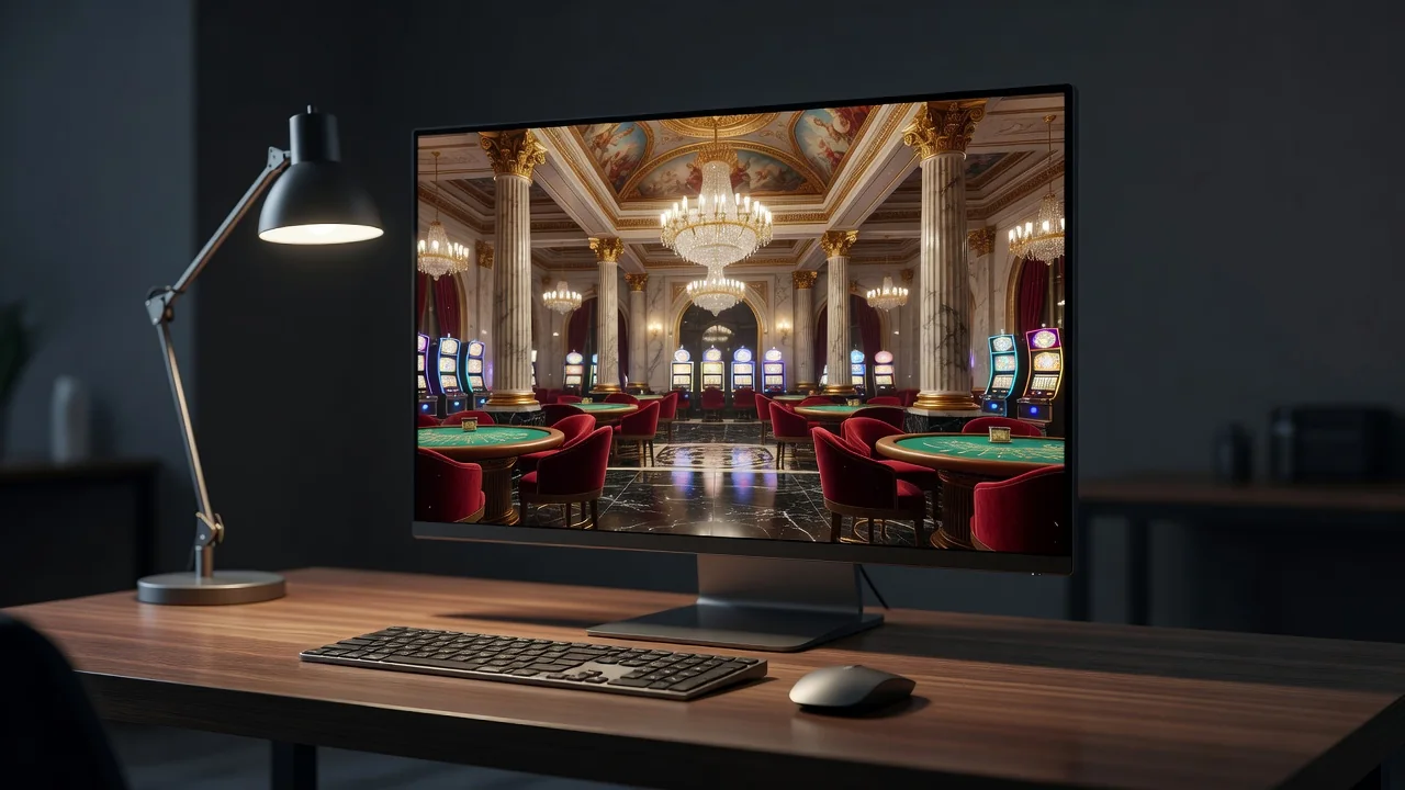 Winoui Casino lobby still life: slots and live tables on a monitor