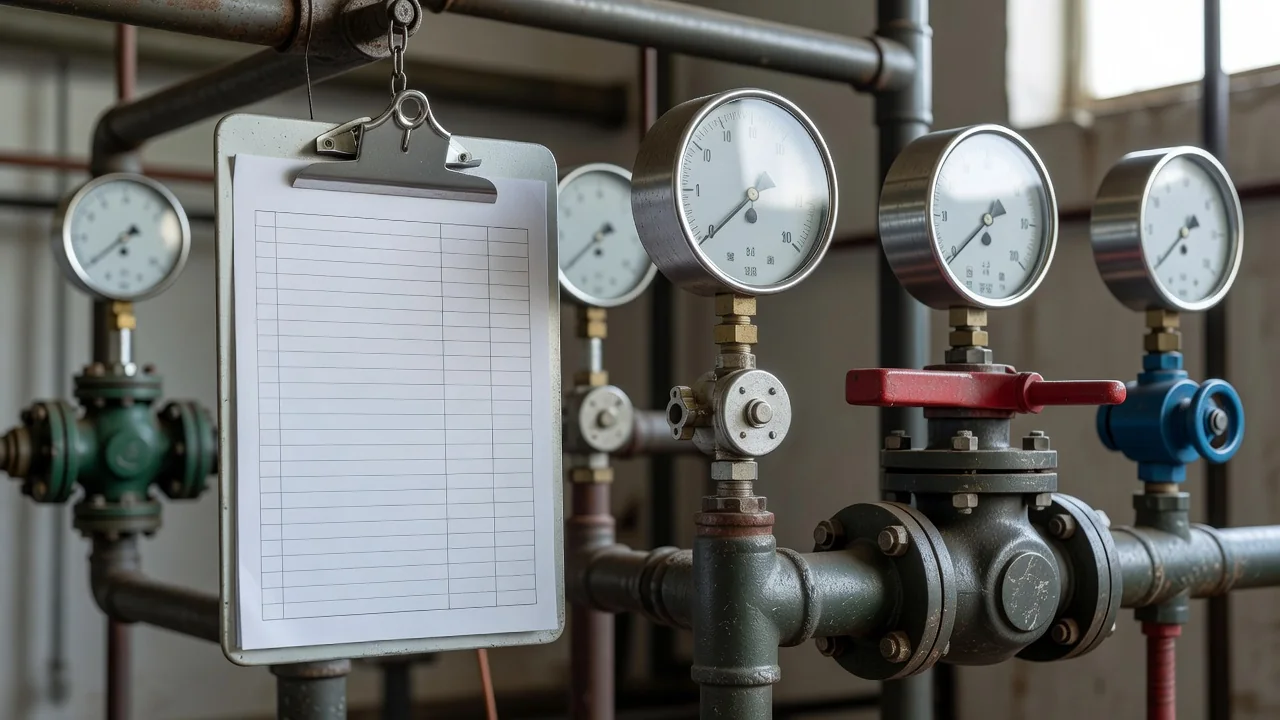 Clipboard with a checklist hanging next to industrial valves and gauges