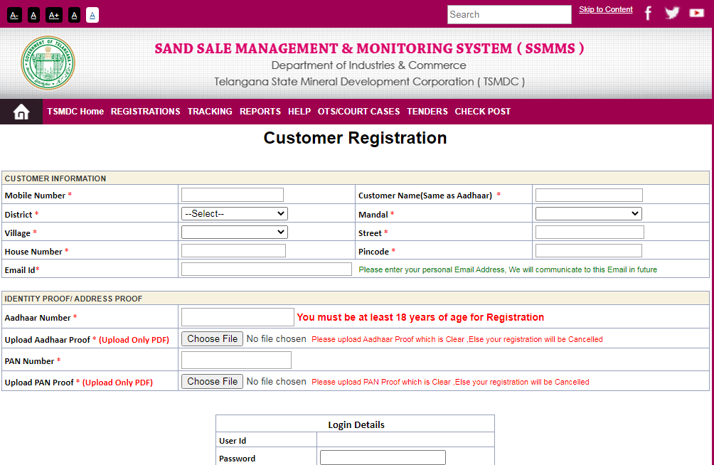 Steps for Customer Registration on the TS SSMMS Portal